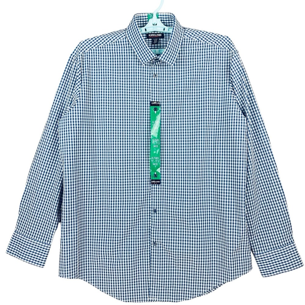 Kirkland Signature Men's Casual Shirt Size 17-17.5 Plaid Blue/White Stretch NWT